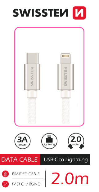 Datový kabel Swissten Textile USB-C/Lightning, 2m, stříbrná