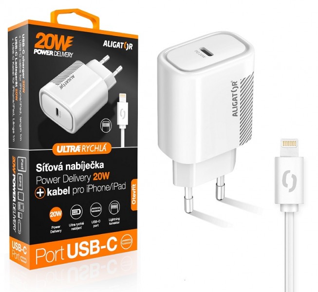 Múdra sieťová nabíjačka ALIGATOR Power Delivery 20W, USB-C kábel pre iPhone / iPad