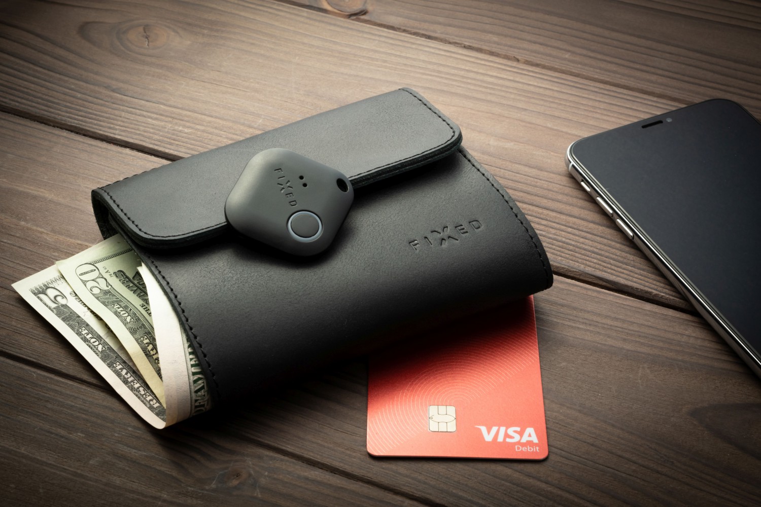 Kožená peněženka FIXED Smile Classic Wallet se smart trackerem FIXED Smile PRO, černá