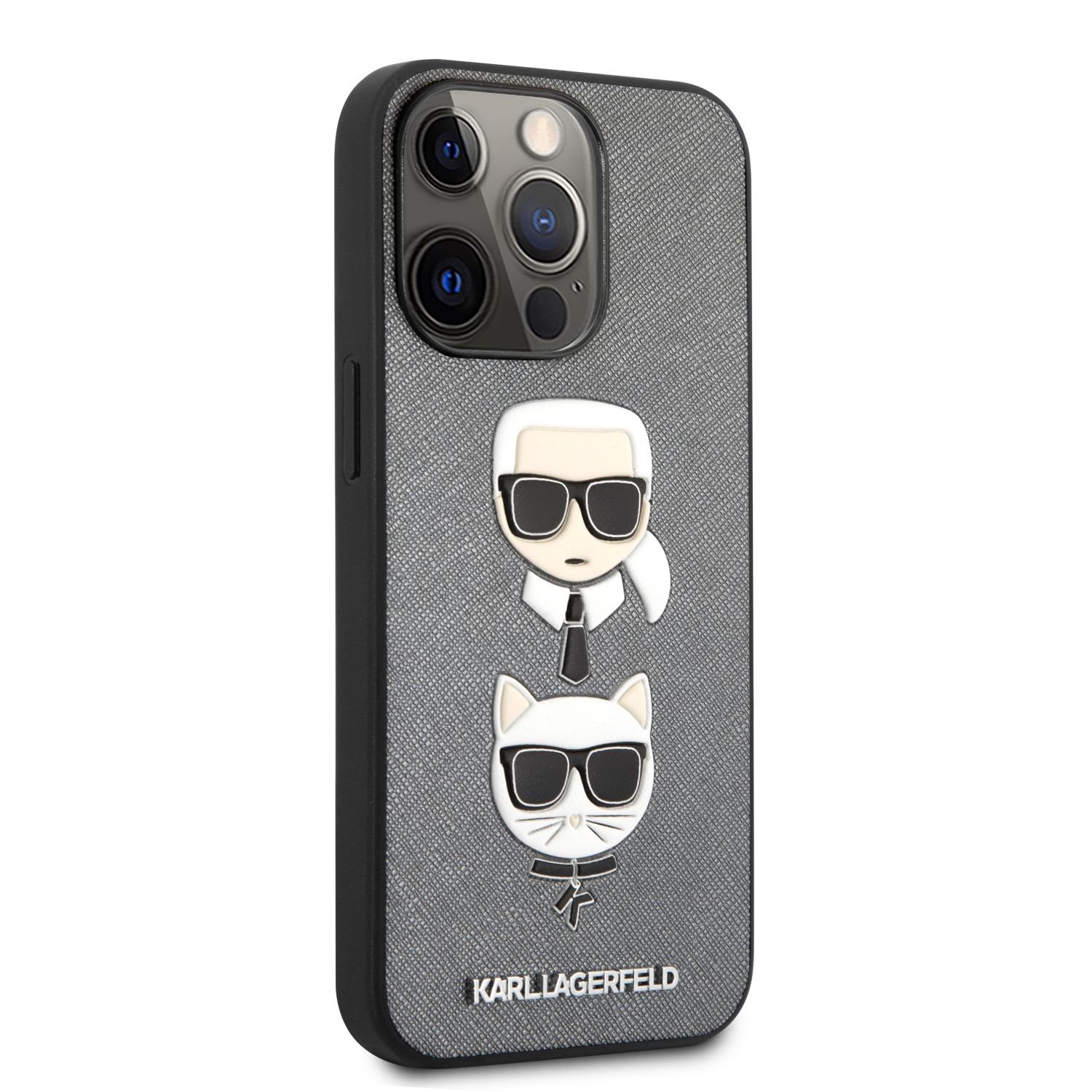 Zadní kryt Karl Lagerfeld PU Saffiano Karl and Choupette Heads KLHCP13LSAKICKCSL pro Apple iPhone 13 Pro, stříbrná