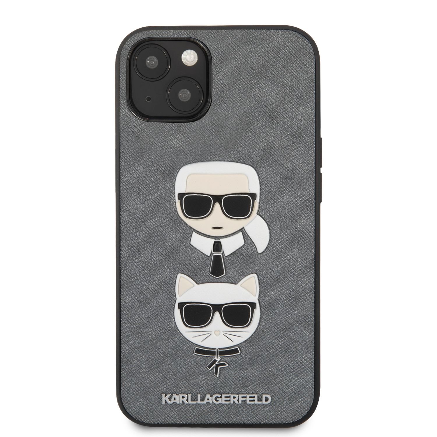 Zadní kryt Karl Lagerfeld PU Saffiano Karl and Choupette Heads KLHCP13SSAKICKCSL pro Apple iPhone 13 mini, stříbrná