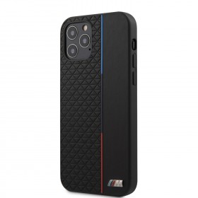 Ochranný kryt BMW PU Triangles Tricolor Line BMHCP13XTRTBK pre Apple iPhone 13 Pro Max, čierna
