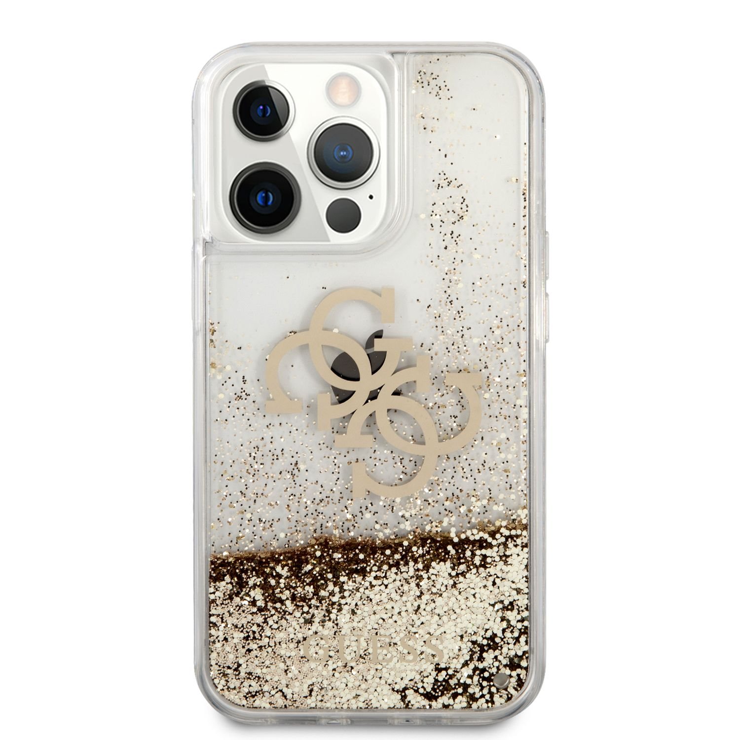 Zadní kryt Guess TPU Big 4G Liquid Glitter Gold GUHCP13LLG4GGO pro Apple iPhone 13 Pro, transparentní