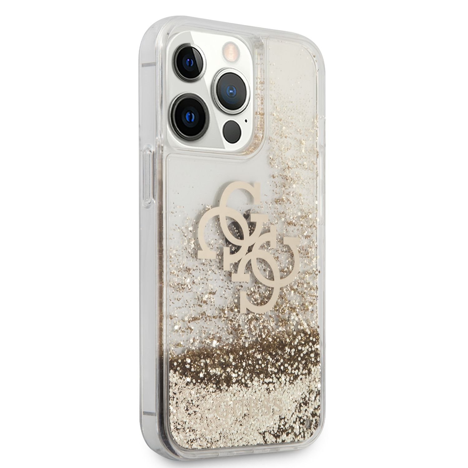 Zadní kryt Guess TPU Big 4G Liquid Glitter Gold GUHCP13LLG4GGO pro Apple iPhone 13 Pro, transparentní