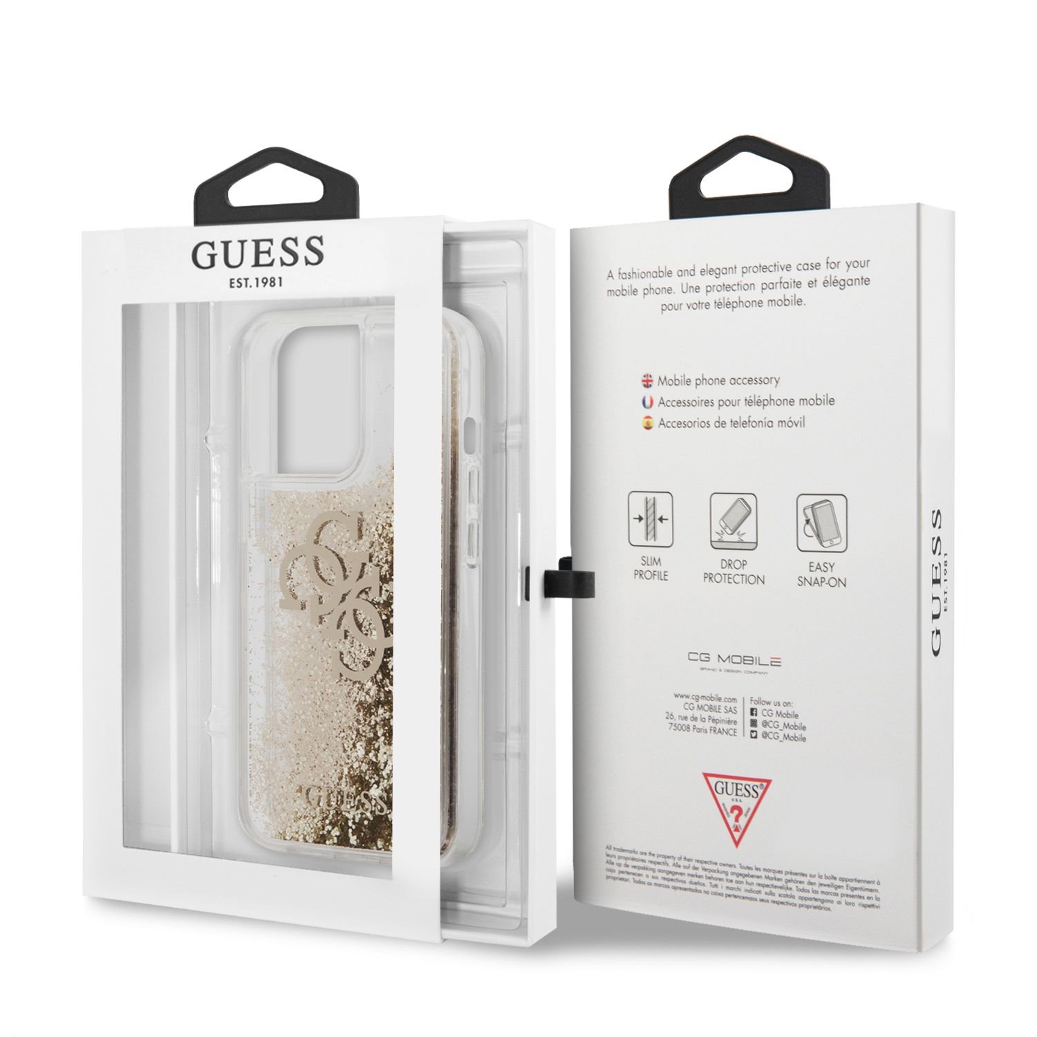 Zadní kryt Guess TPU Big 4G Liquid Glitter Gold GUHCP13LLG4GGO pro Apple iPhone 13 Pro, transparentní