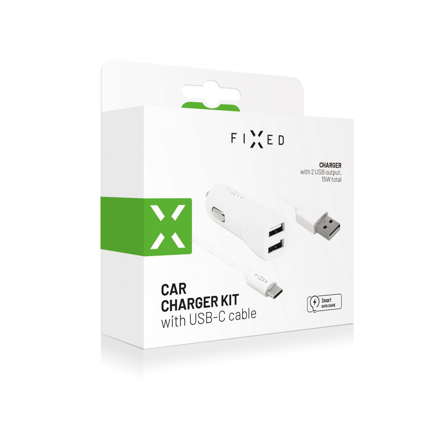 Set autonabíjačky FIXED s 2xUSB výstupom a USB/USB-C kábla, 1m, 15W Smart Rapid Charge, biela