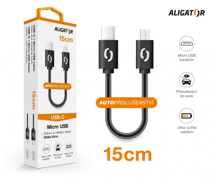Datový kabel ALIGATOR POWER USB-C/MicroUSB 15cm, černá