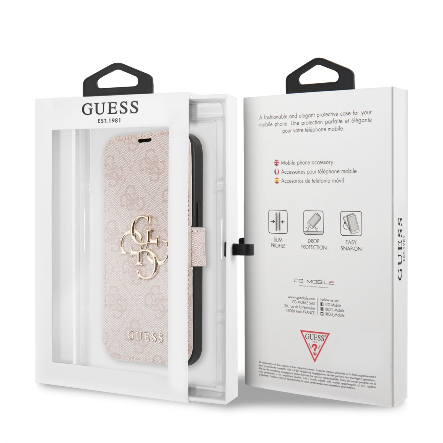 Flipové pouzdro Guess PU 4G Metal Logo Book GUBKP13S4GMGPI pro Apple iPhone 13 Mini, růžová