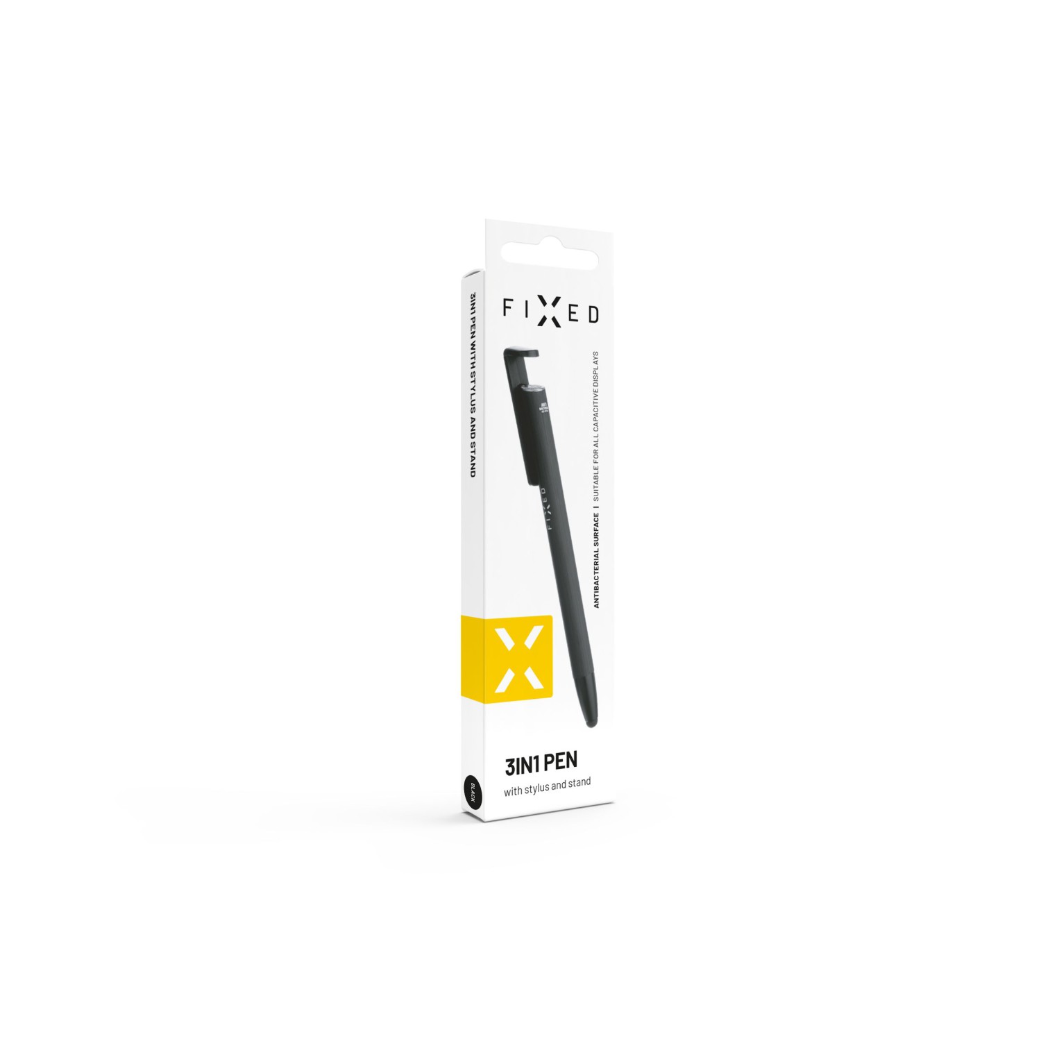 FIXED Pen 3v1 písacie pero so stylusom a stojanom, antibakteriálny povrch, hliníkové telo, čierna