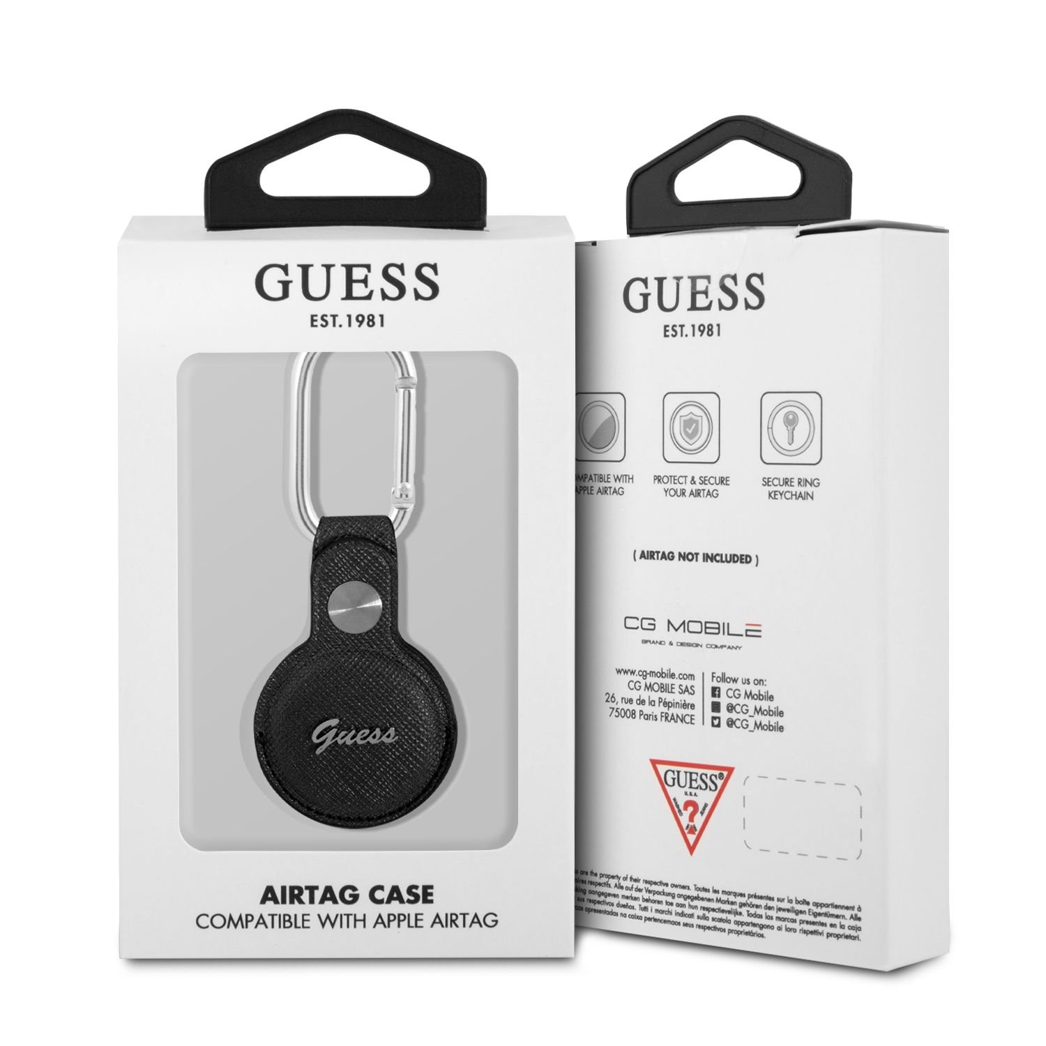 Kožené pouzdro Guess PU Saffiano Script Dog Clip GUATPSASRSK pro AirTag, černá