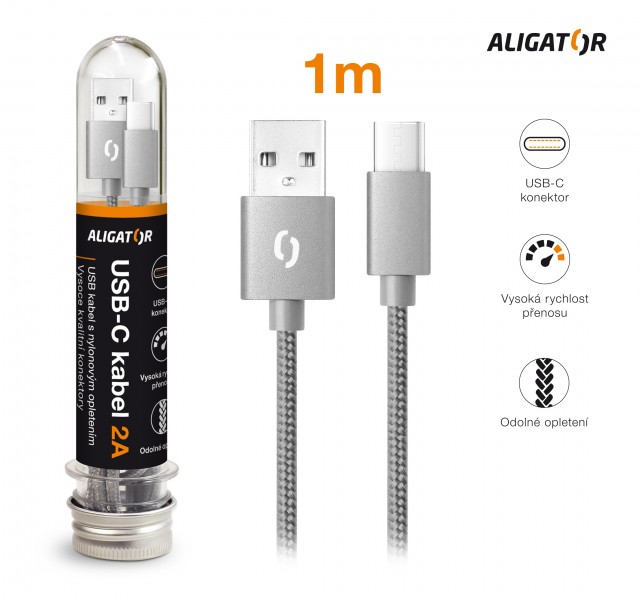 Datový kabel ALIGATOR TUBA 2A, USB-C, šedá