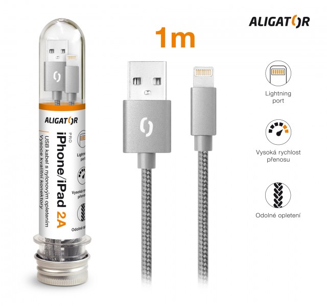 Datový kabel ALIGATOR TUBA 2A, iPhone lightning, šedá
