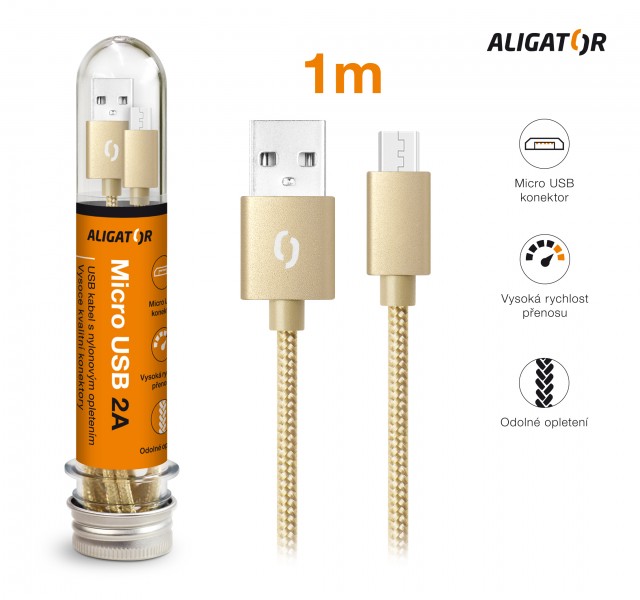 Datový kabel ALIGATOR TUBA 2A, Micro USB, zlatá