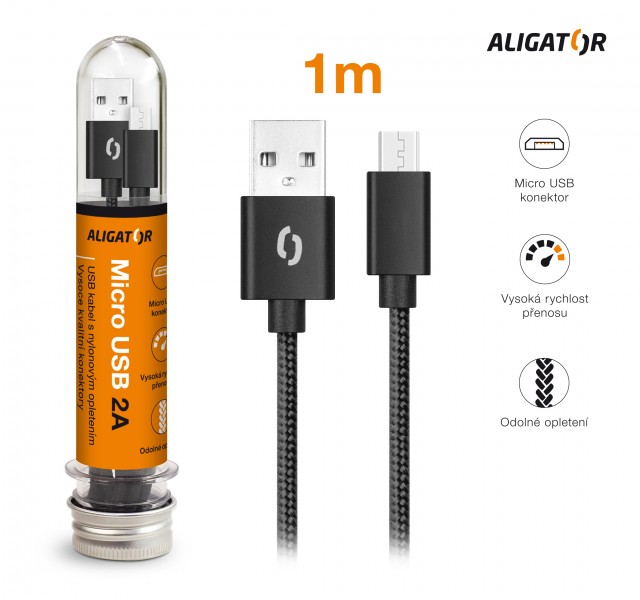 Datový kabel ALIGATOR TUBA 2A, Micro USB, černá