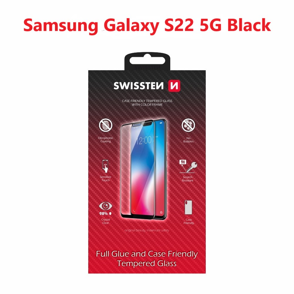 Tvrzené sklo Swissten Full Glue, Color Frame, Case Friendly pro Samsung Galaxy S22 5G, černá 