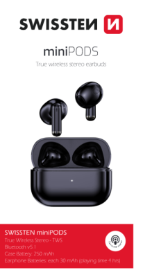 Bezdrôtové slúchadlá Bluetooth TWS Swissten MINIPODS, čierna