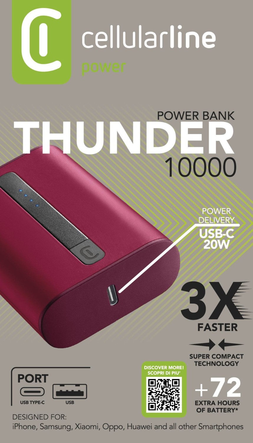 Powerbanka Cellularline Thunder 10 000 mAh, červená