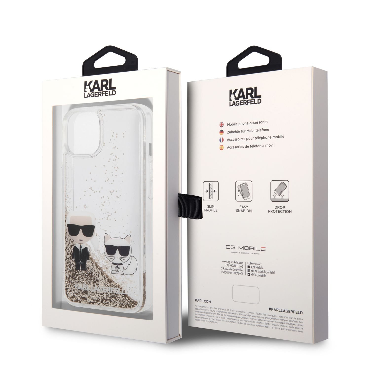 Zadní kryt Karl Lagerfeld Liquid Glitter Karl and Choupette pro Apple iPhone 14, zlatá