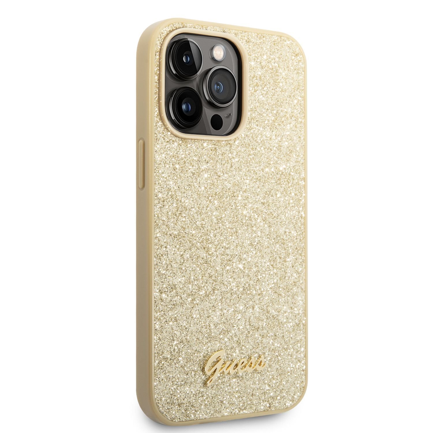 Zadní kryt Guess PC/TPU Glitter Flakes Metal Logo pro Apple iPhone 14 Pro Max, zlatá