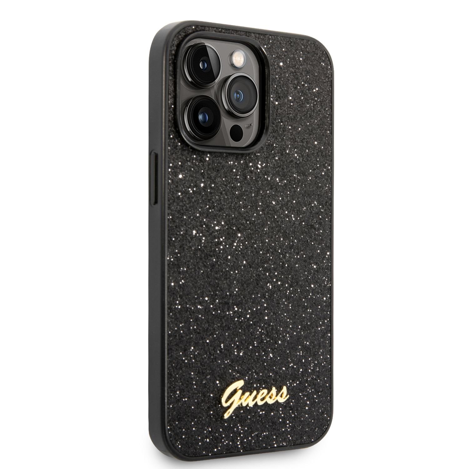 Zadní kryt Guess PC/TPU Glitter Flakes Metal Logo pro Apple iPhone 14 Pro, černá