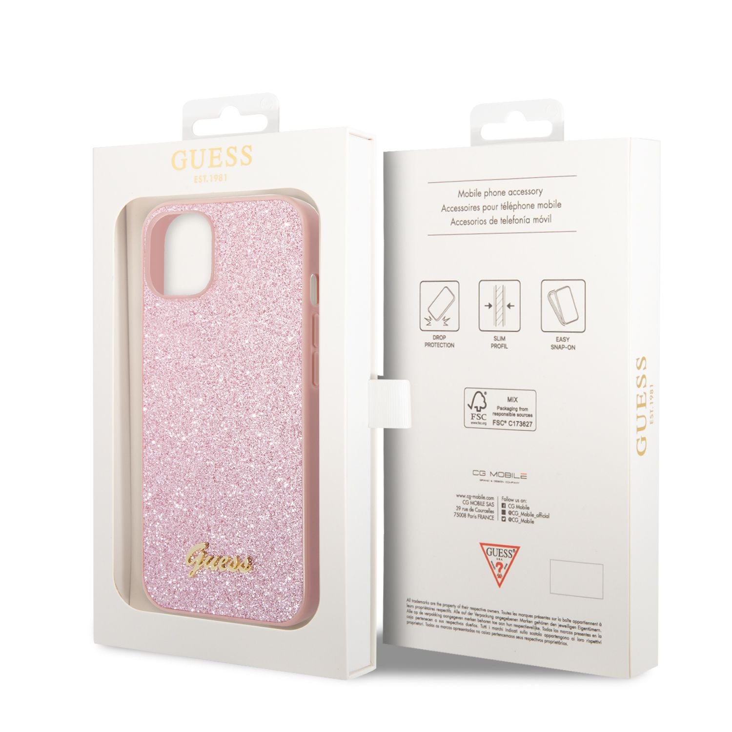 Zadní kryt Guess PC/TPU Glitter Flakes Metal Logo pro Apple iPhone 14 Plus, růžová