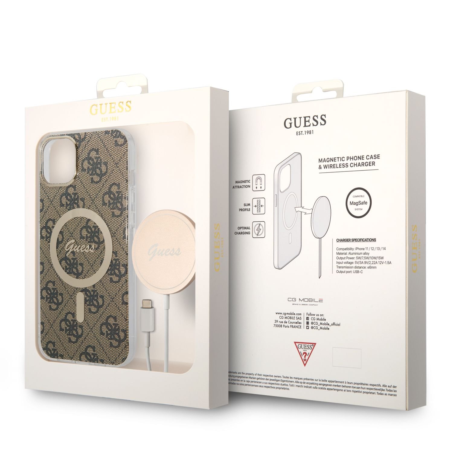 Guess 4G MagSafe Kompatibilní Zadní Kryt + Bezdrátová Nabíječka pro iPhone 14 Plus Brown