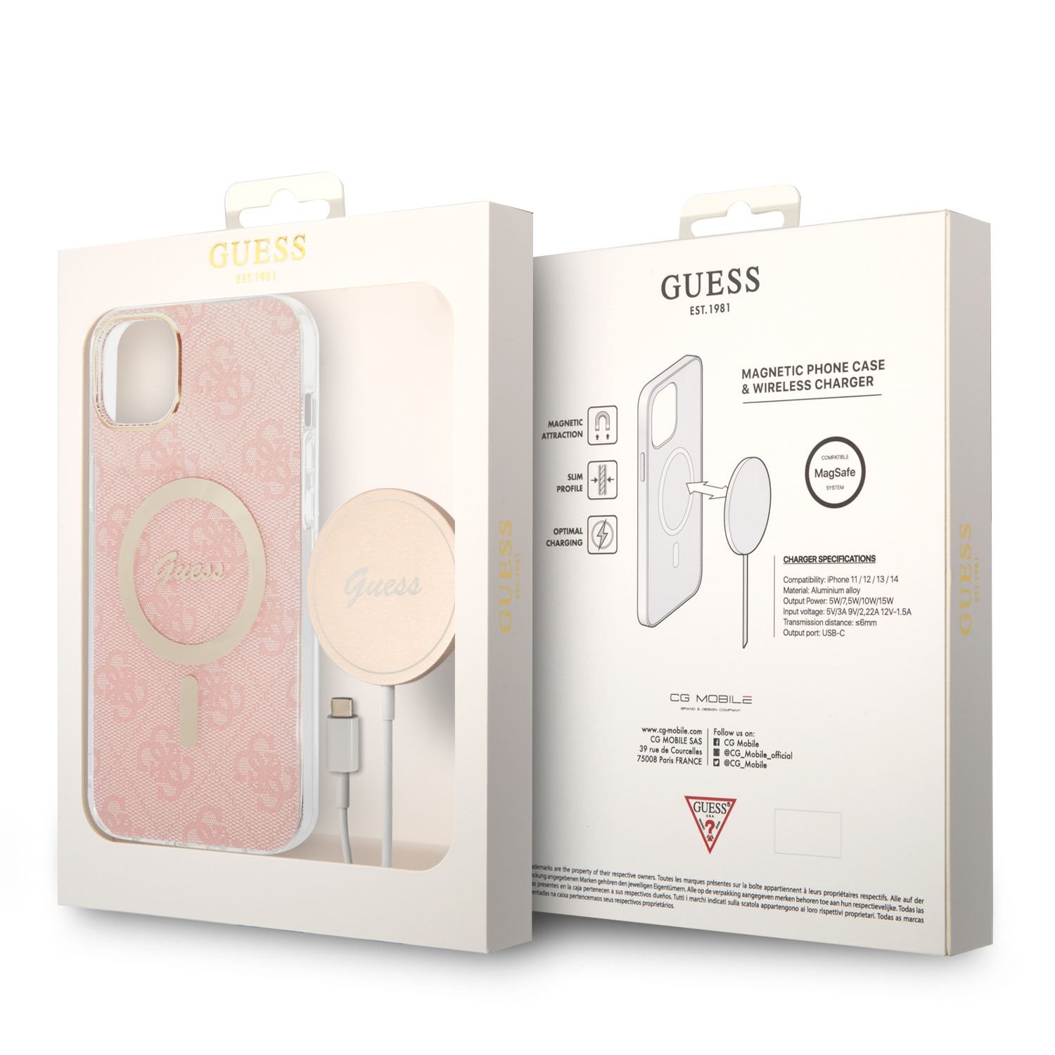 Kompatibilní zadní kryt Guess 4G MagSafe + bezdrátová nabíječka pro Apple iPhone 14 Plus, růžová