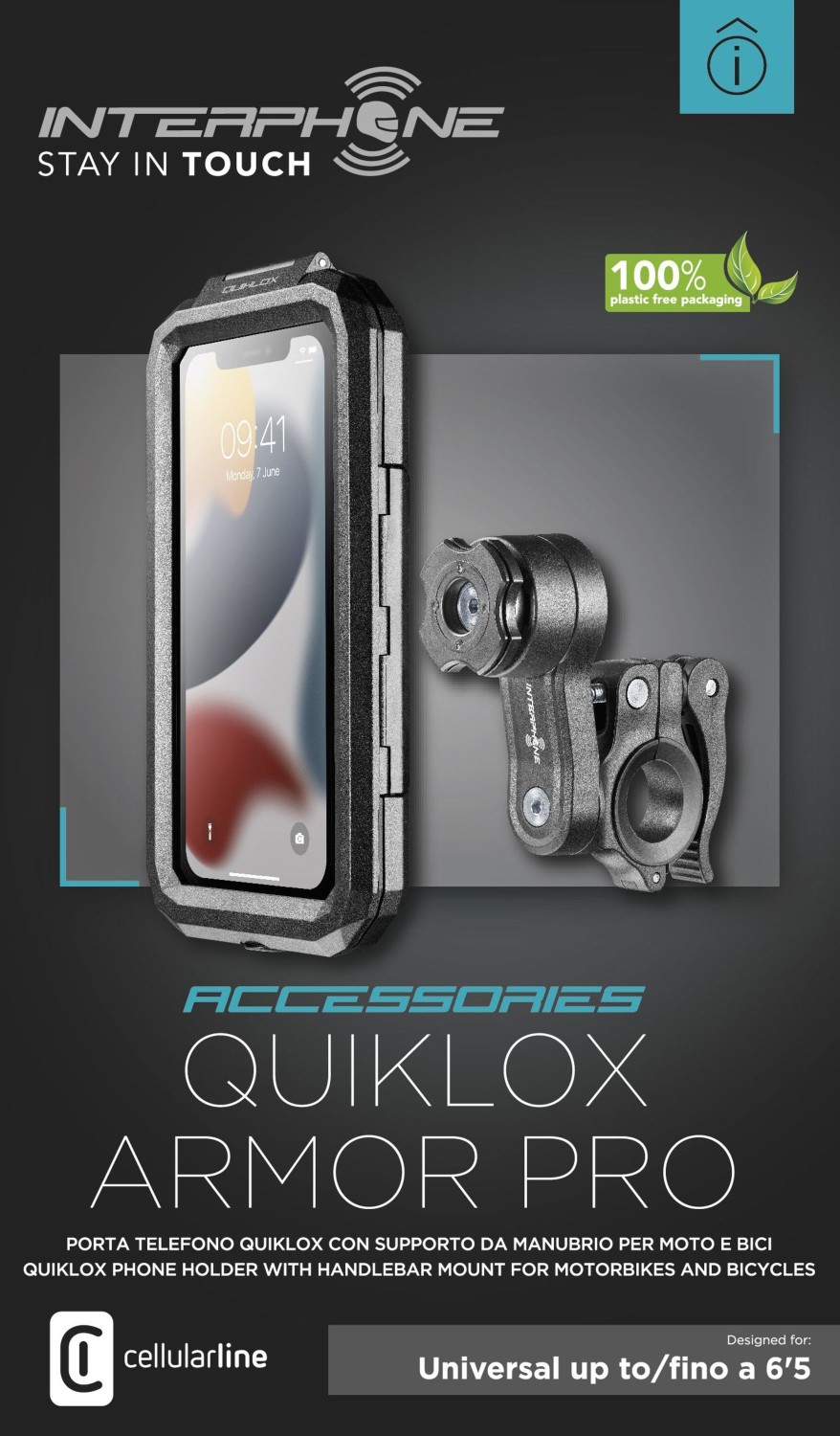 Univerzálne vodeodolné púzdro Interphone Armor Pro, úchyt na riadidlá QUIKLOX, max. 6,5", čierna