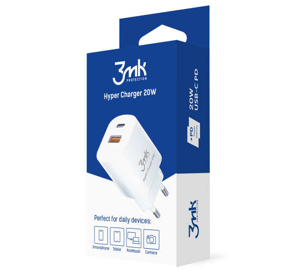 Nabíječka cestovní 3mk Hyper Charger 20W, 1x USB-C (PD) / 1x USB, bílá