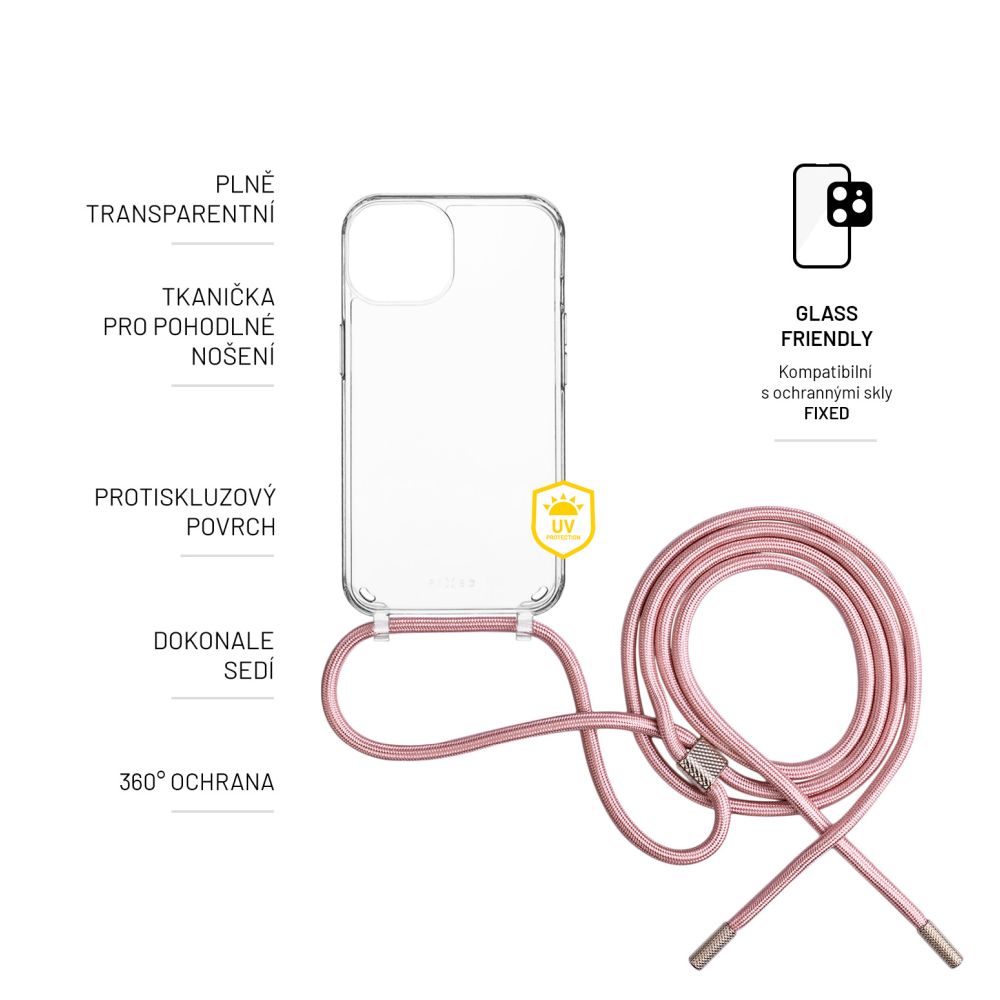 Pouzdro FIXED Pure Neck s růžovou šňůrkou na krk pro Samsung Galaxy A14/A14 5G