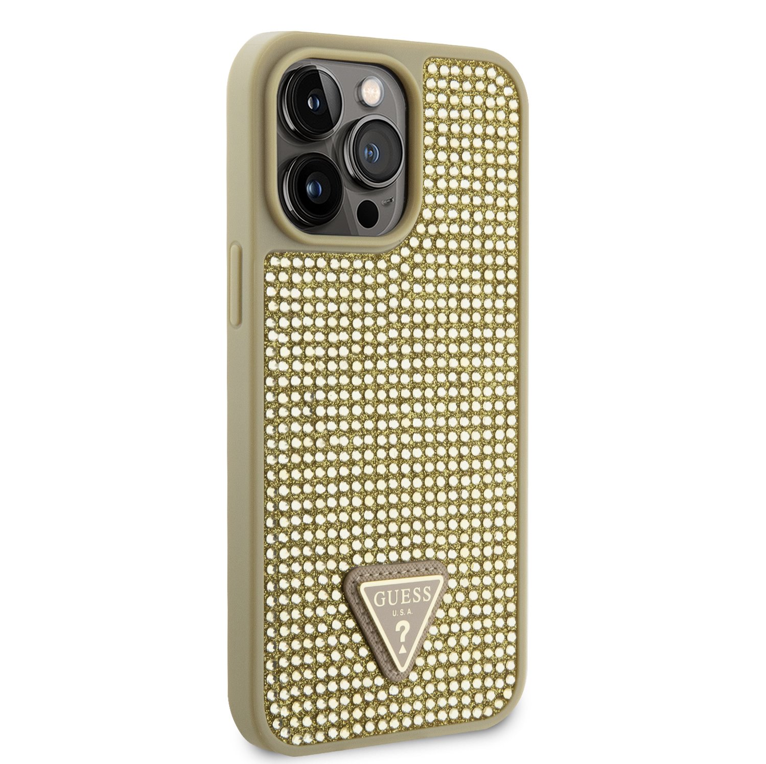 Guess Rhinestones Triangle Metal Logo Kryt pro iPhone 14 Pro Max Gold