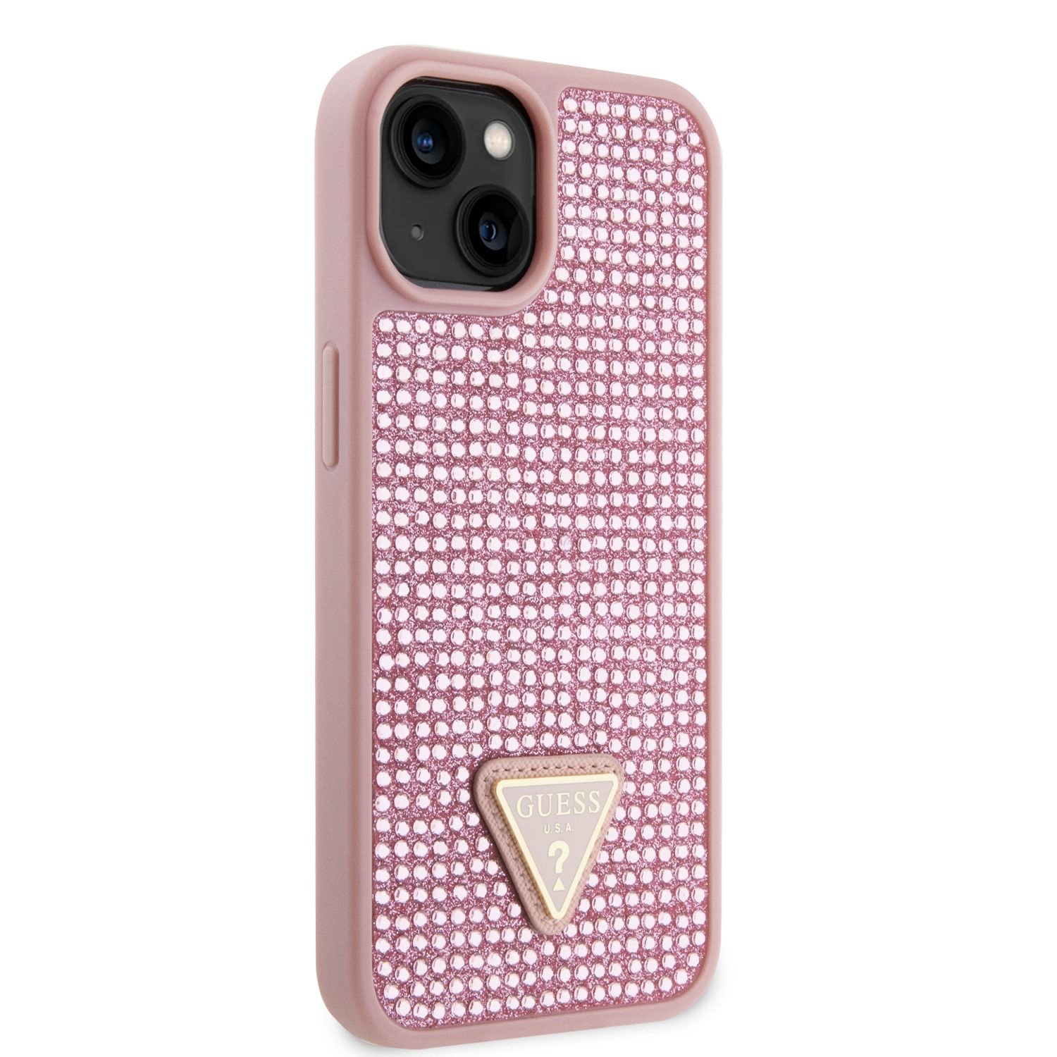 Guess Rhinestones Triangle Metal Logo Kryt pro iPhone 14 Pink