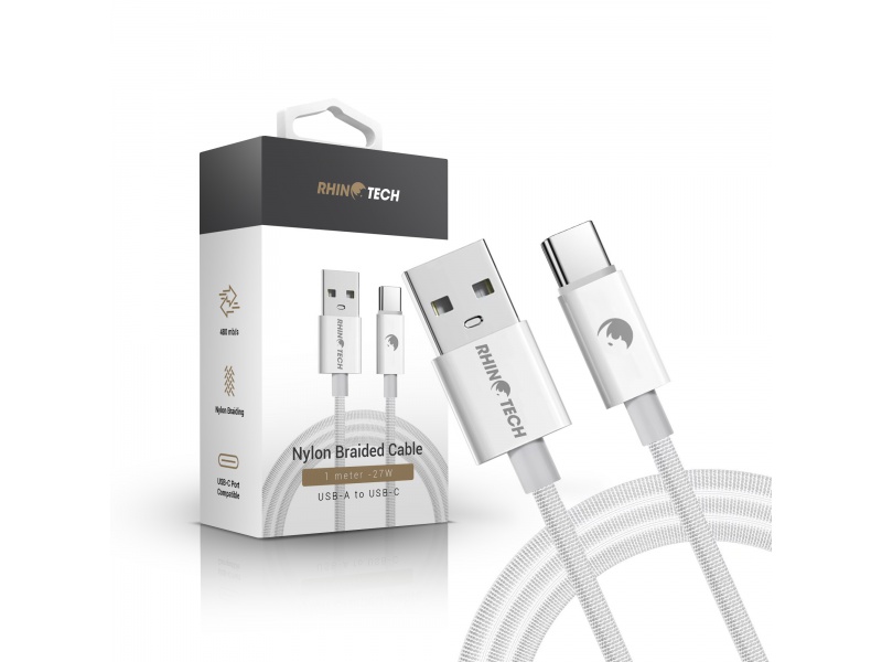 RhinoTech kabel s nylonovým opletem USB-A na USB-C 27W 1M bílá