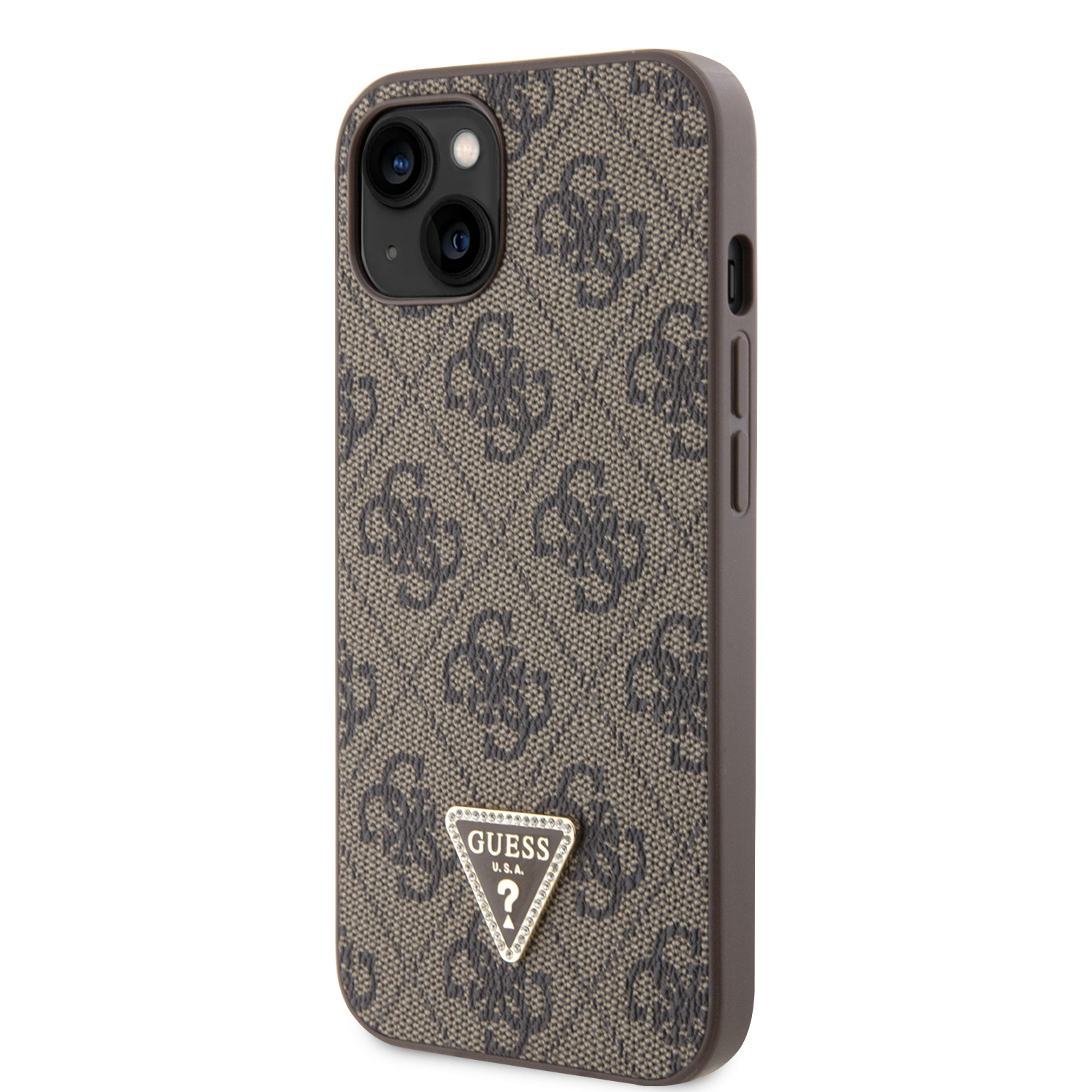 Guess PU 4G Strass Triangle Metal Logo Zadní Kryt pro iPhone 15 Brown