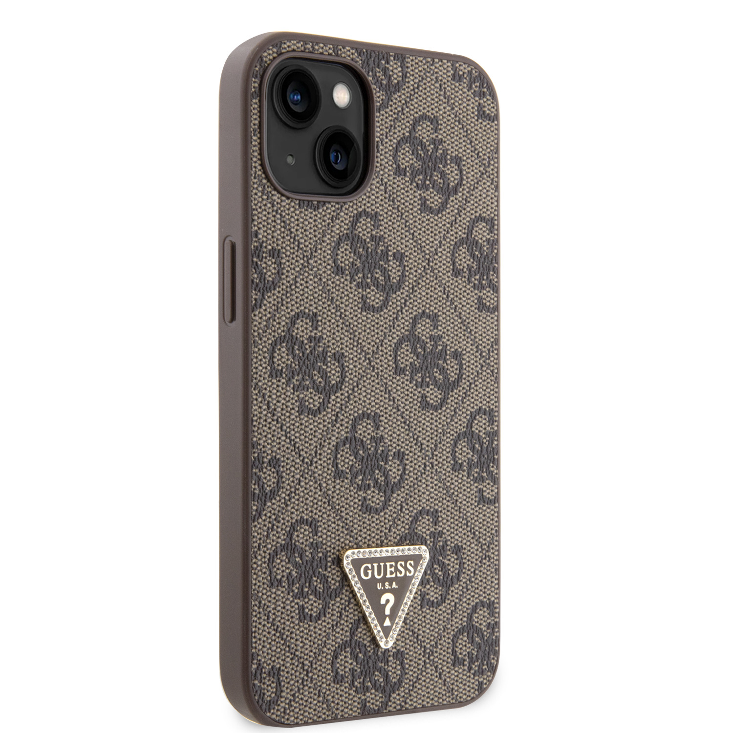 Guess PU 4G Strass Triangle Metal Logo Zadní Kryt pro iPhone 15 Brown