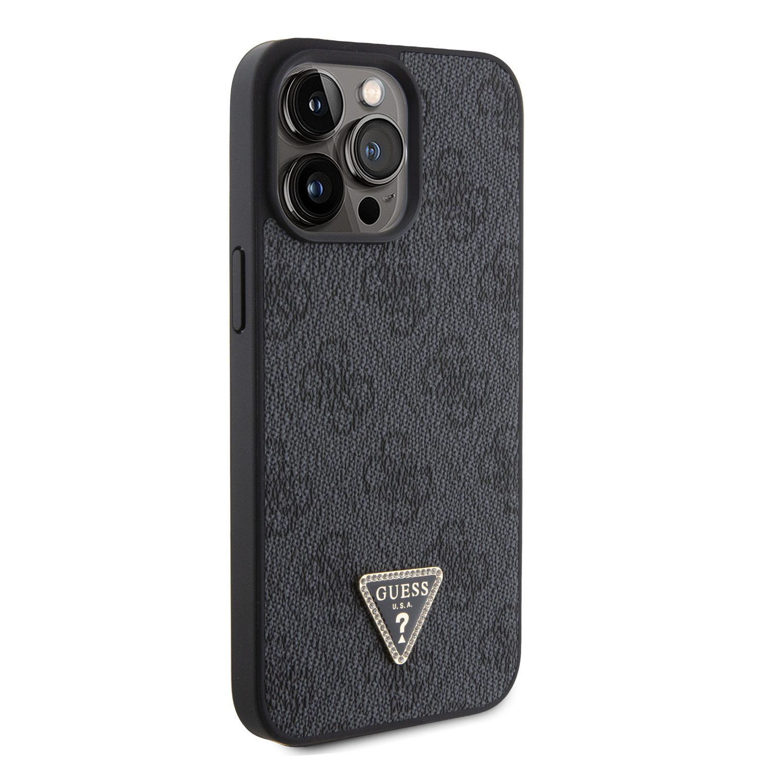 Guess PU 4G Strass Triangle Metal Logo Zadní Kryt pro iPhone 15 Pro Max Black