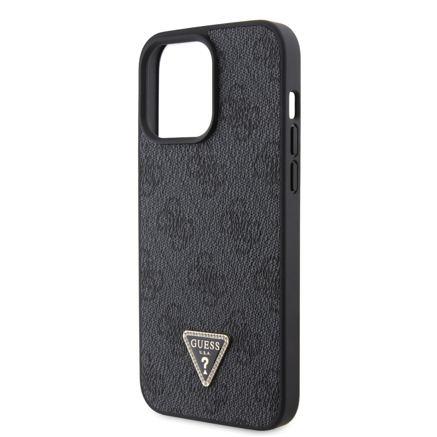 Guess PU 4G Strass Triangle Metal Logo Zadní Kryt pro iPhone 15 Pro Max Black