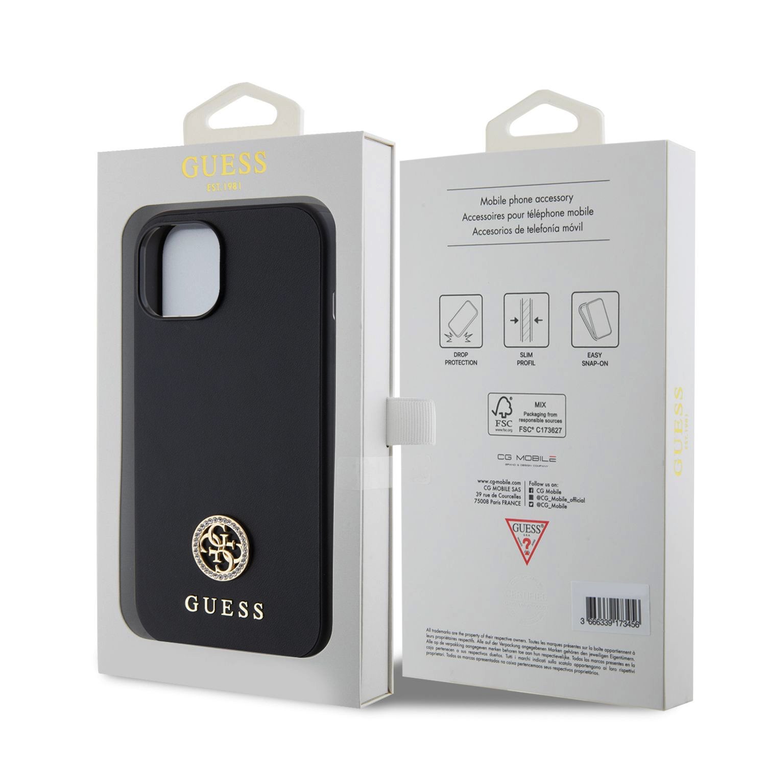 Guess PU 4G Strass Metal Logo Zadní Kryt pro iPhone 15 Black