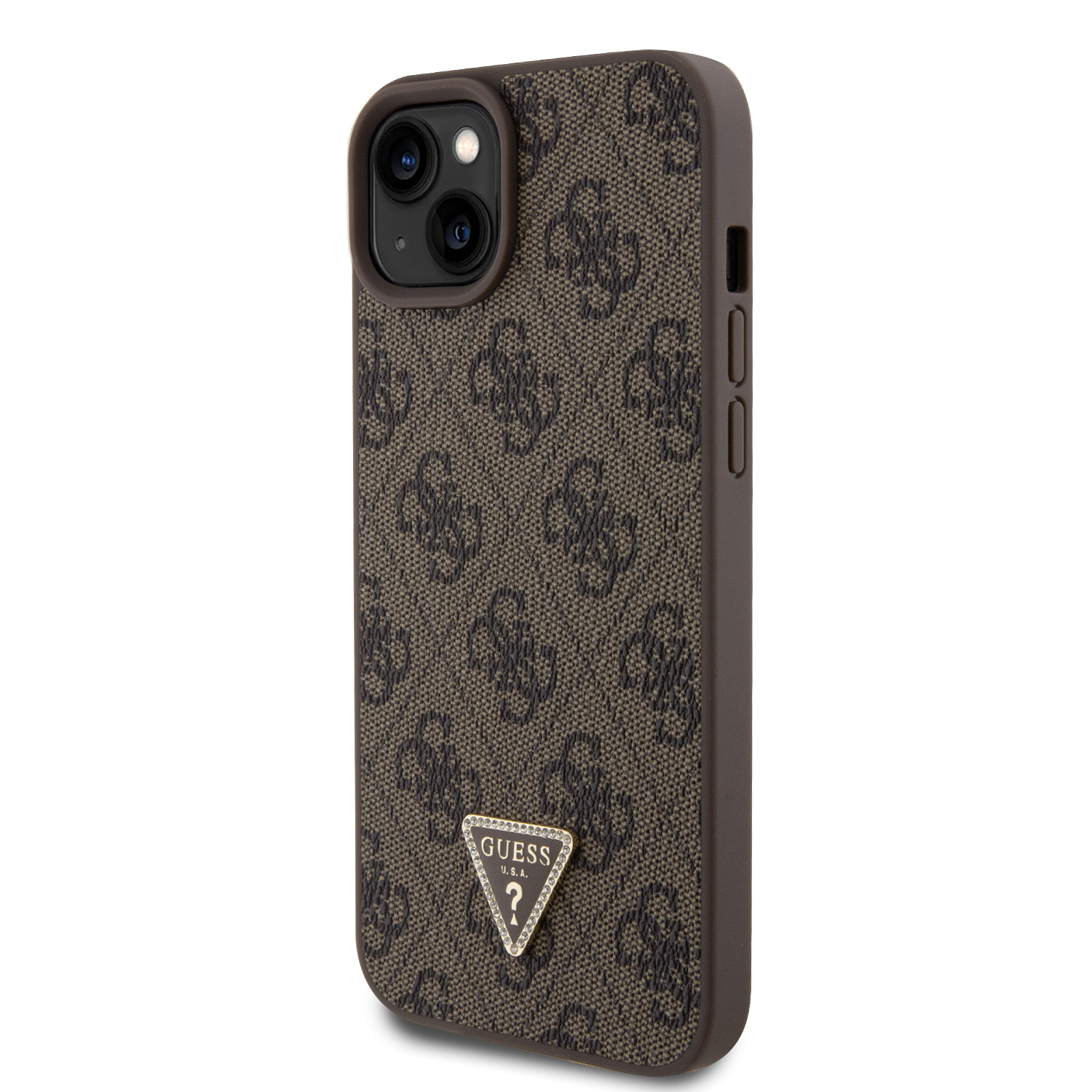 Guess PU 4G Strass Triangle Metal Logo Zadní Kryt pro iPhone 15 Plus Brown