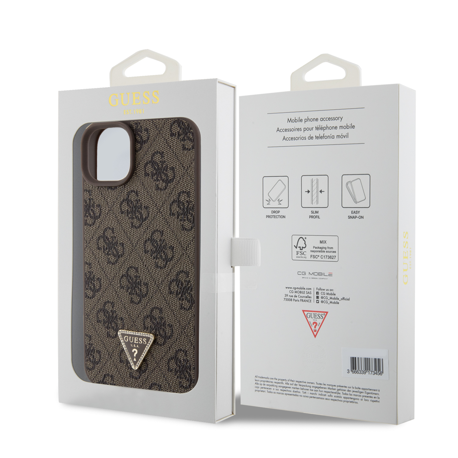 Guess PU 4G Strass Triangle Metal Logo Zadní Kryt pro iPhone 15 Plus Brown