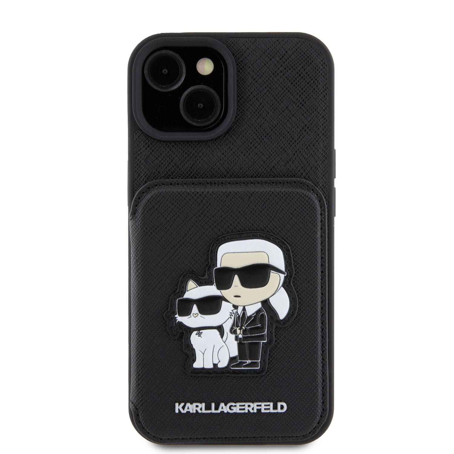 Karl Lagerfeld PU Saffiano Card Slot Stand Karl and Choupette Zadní Kryt pro iPhone 15 Black