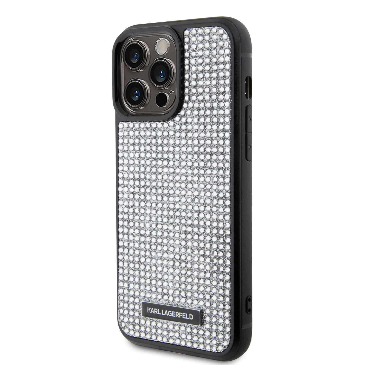 Karl Lagerfeld Rhinestone Plate Metal Logo Zadní Kryt pro iPhone 15 Pro Max Silver