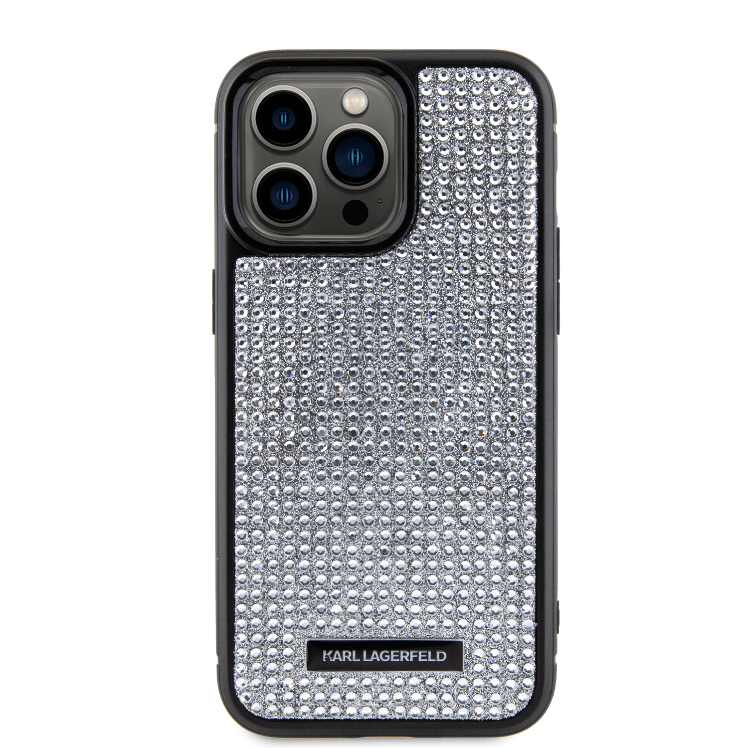 Karl Lagerfeld Rhinestone Plate Metal Logo Zadní Kryt pro iPhone 15 Pro Max Silver