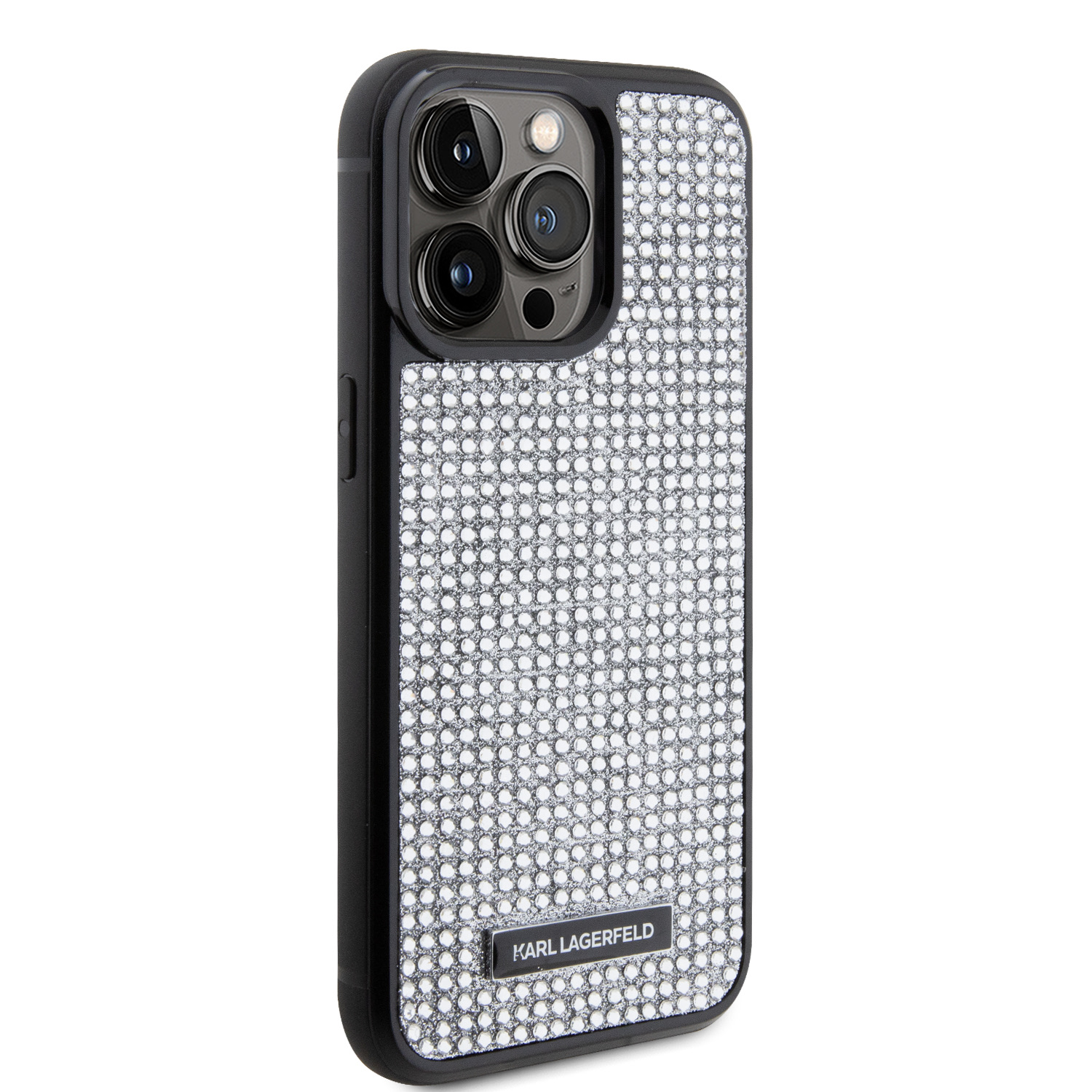Karl Lagerfeld Rhinestone Plate Metal Logo Zadní Kryt pro iPhone 15 Pro Max Silver