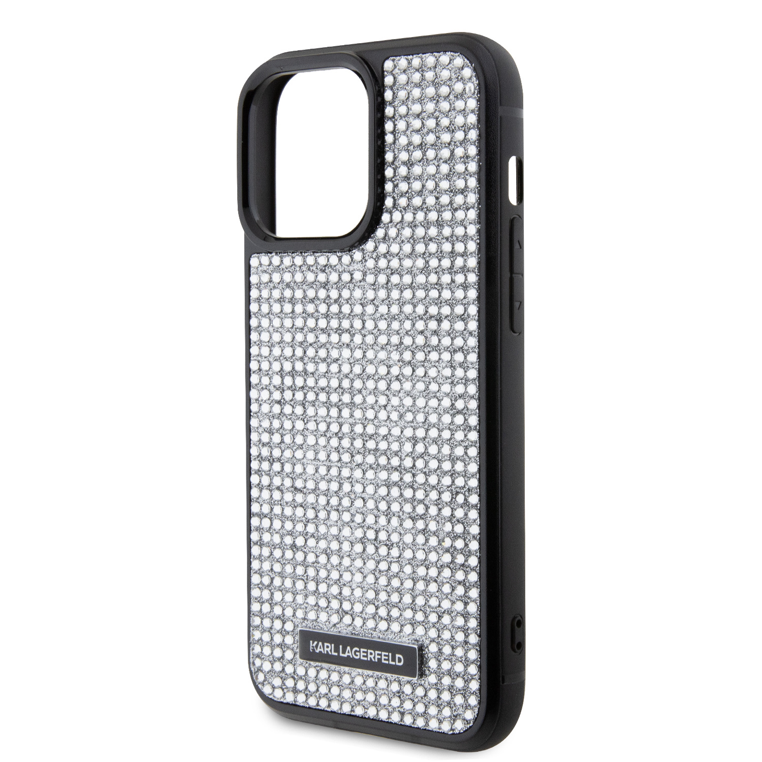 Karl Lagerfeld Rhinestone Plate Metal Logo Zadní Kryt pro iPhone 15 Pro Max Silver