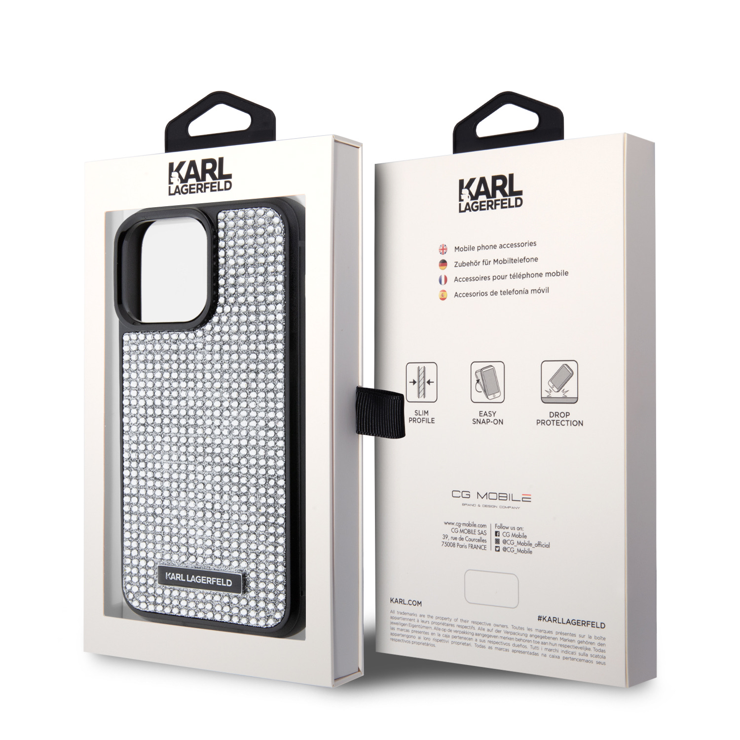 Karl Lagerfeld Rhinestone Plate Metal Logo Zadní Kryt pro iPhone 15 Pro Max Silver