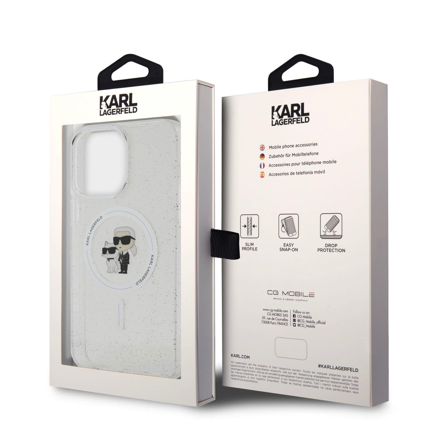 Karl Lagerfeld IML Glitter Karl and Choupette MagSafe Zadní Kryt pro iPhone 15 Pro Max Transparent