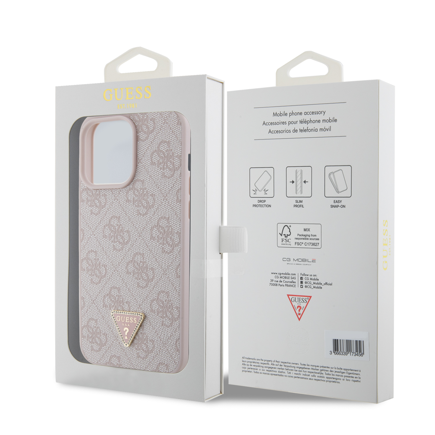 Guess PU 4G Strass Triangle Metal Logo Zadní Kryt pro iPhone 15 Pro Max Pink