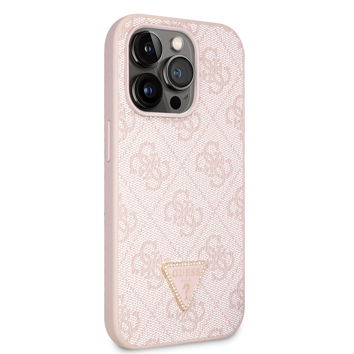 Guess PU 4G Strass Triangle Metal Logo Zadní Kryt + Crossbody Popruh pro iPhone 15 Pro Max Pink