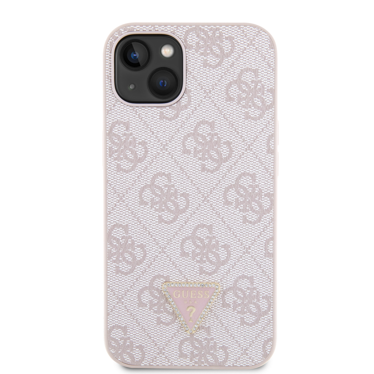 Guess PU 4G Strass Triangle Metal Logo Zadní Kryt + Crossbody Popruh pro iPhone 15 Pink